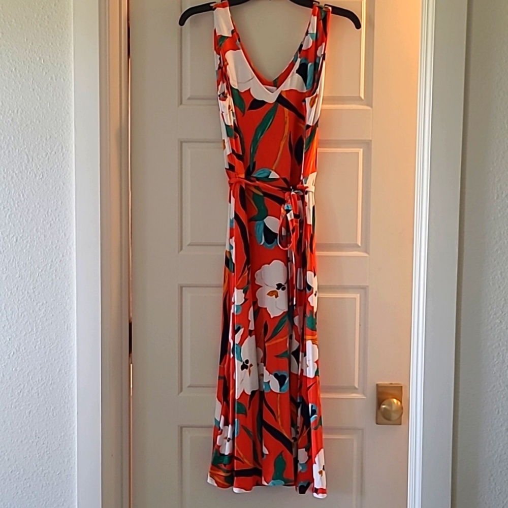 Sigrid Olsen Orange Floral Midi Dress with White & Teal Accents